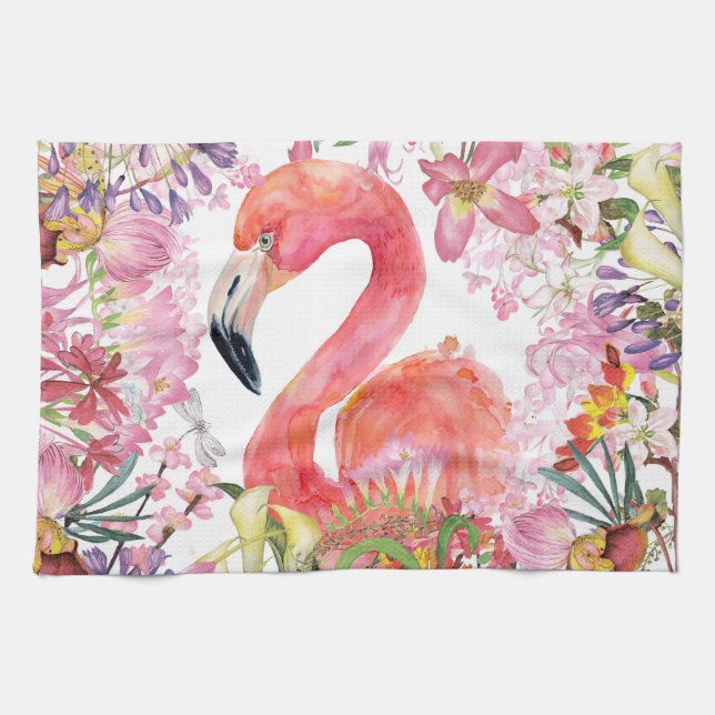 Paño De Cocina Flamingo en la jungla de flores - Patrón de verano (Horizontal)