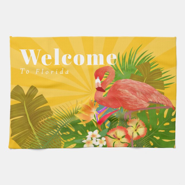 Paño De Cocina Flamingo Florida Welcome Yellow Orange (Horizontal)