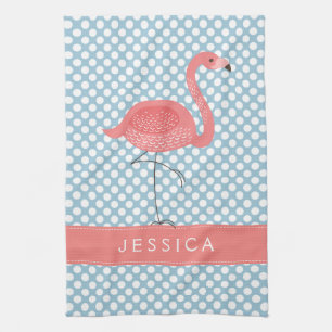 Paño De Cocina Flamingo Rosa Con Polkadot Azul Y Blanco