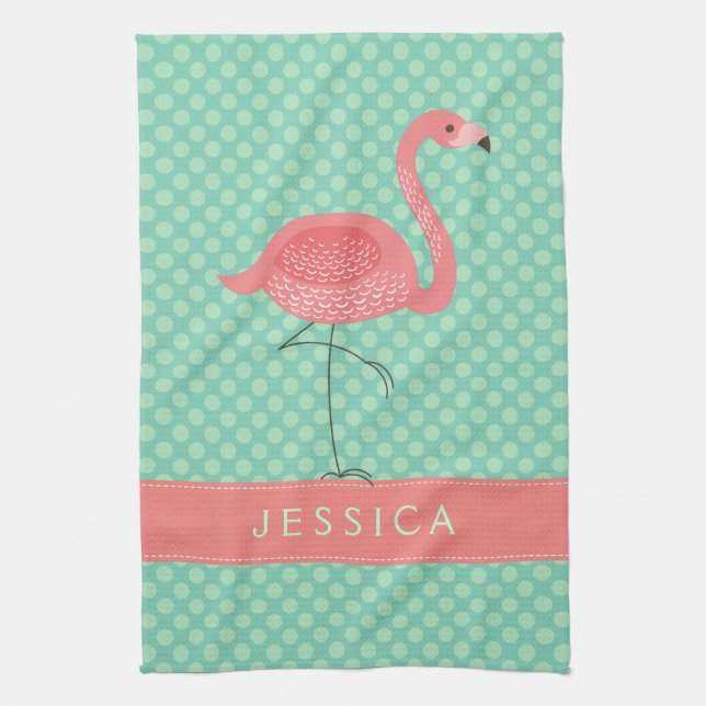 Paño De Cocina Flamingo Rosa Con Polkadot Verde-Mint (Vertical)