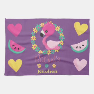 Paño De Cocina Flamingo tropical Púrpura rosa y corazones amarill