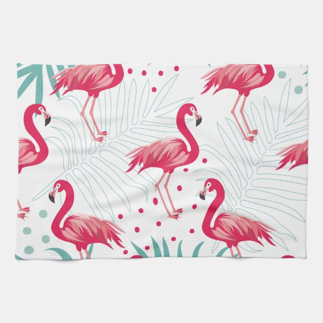 Paño De Cocina Flamingo y hojas tropicales, patrón de verano. (Horizontal)