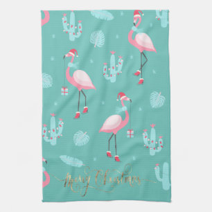 Paño De Cocina Flamingos Sombrero de Santa Regalos Copos de Nieve