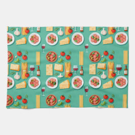 Paño De Cocina Flat lay pattern of Italian food including wine