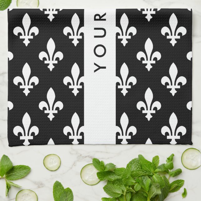 Paño De Cocina Fleur de Lis, Blanco sobre Negro, Blanco, Tu Nombr (Doblado)