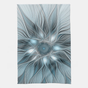 Paño De Cocina Flor abstracta alegre azul gris fractal floral