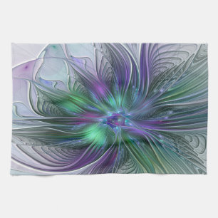 Paño De Cocina Flor Abstracta Moderna Fractal Verde Púrpura