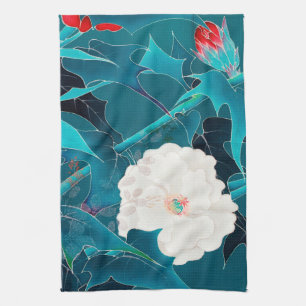 Paño De Cocina Flor blanca y roja, diseño japonés