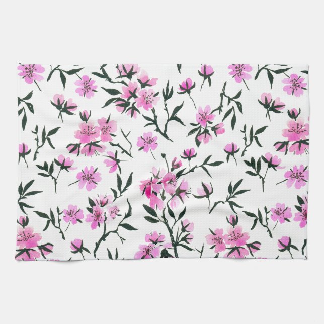 Paño De Cocina Flor de cerezo blanco en blanco (Horizontal)