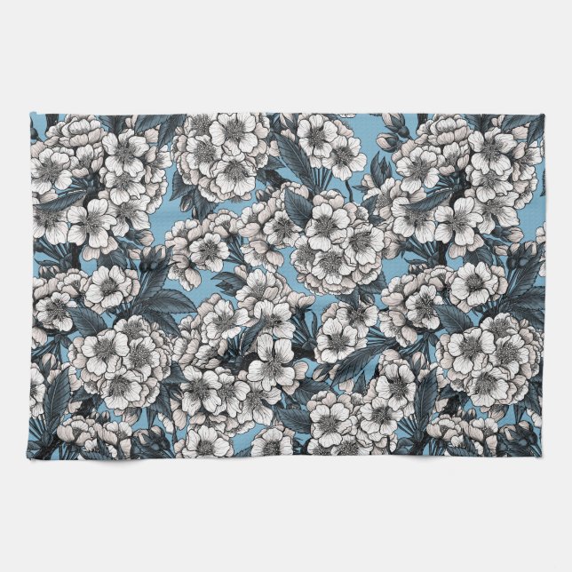 Paño De Cocina Flor de cerezo en blanco y azul (Horizontal)