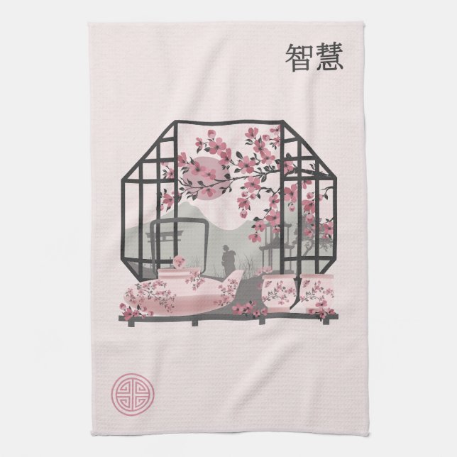 Paño De Cocina Flor de cerezo rosa bonsai diseño gráfico asiático (Vertical)