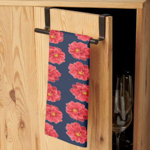 Paño De Cocina Flor de dahlia rosa en azul