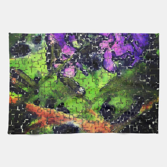 Paño De Cocina Flor de lino y hojas envejecidas en mosaico esculp (Horizontal)