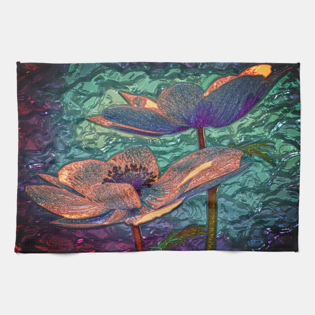 Paño De Cocina Flor de Lotus sobre oro morado verde agua (Horizontal)