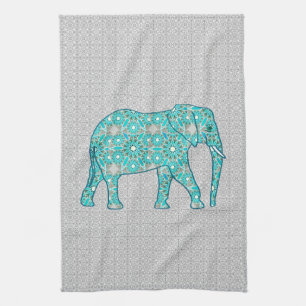 Paño De Cocina Flor de mandala elefante - turquesa, gris y blanco