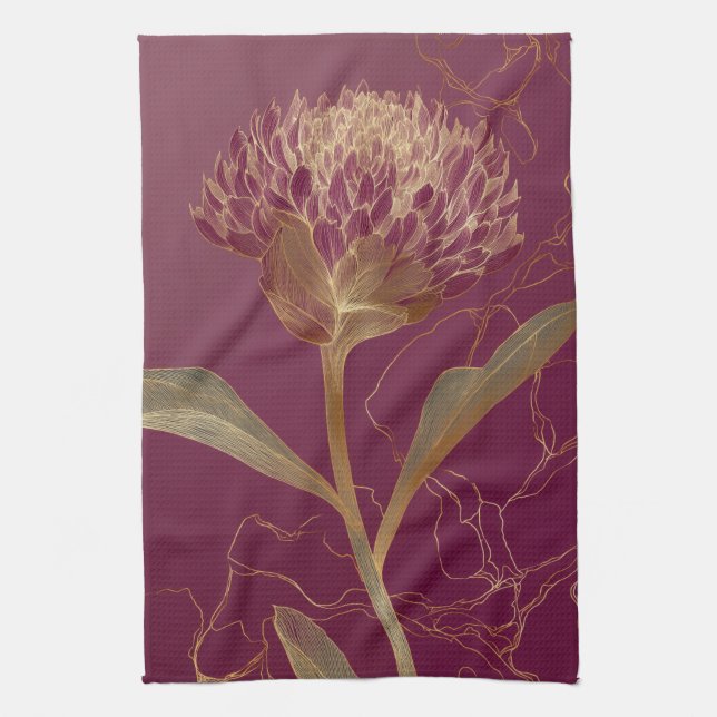 Paño De Cocina Flor de Protea Dorada Burdeos Línea Botánica (Vertical)