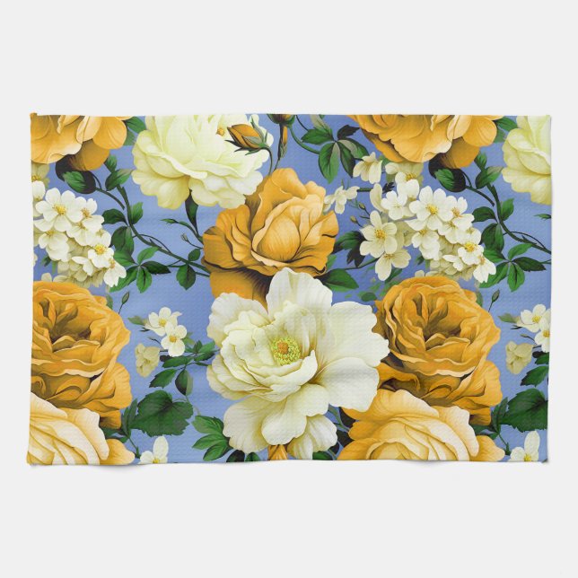 Paño De Cocina Flor de rosa amarillo retro grande (Horizontal)