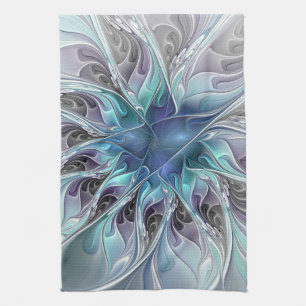 Paño De Cocina Flor Fractal Moderna Con Azul