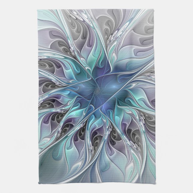 Paño De Cocina Flor Fractal Moderna Con Azul (Vertical)