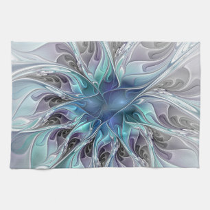 Paño De Cocina Flor Fractal Moderna Con Azul