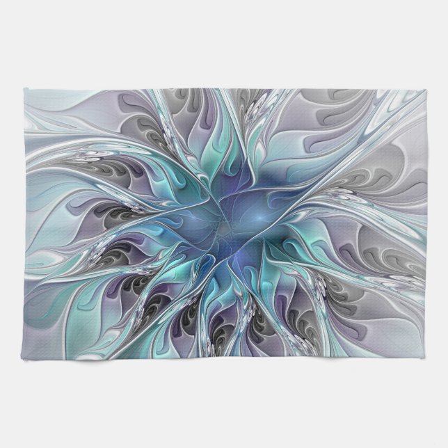 Paño De Cocina Flor Fractal Moderna Con Azul (Horizontal)
