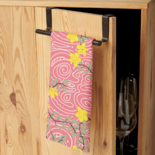 Paño De Cocina Flor jazmín amarilla en rosa coral