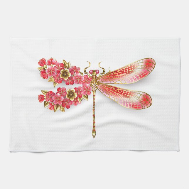 Paño De Cocina Flor libélula con sakura de joyas (Horizontal)