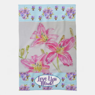 Paño De Cocina Flor Lirio Rosa Te Ama Mamá Floral acuarela