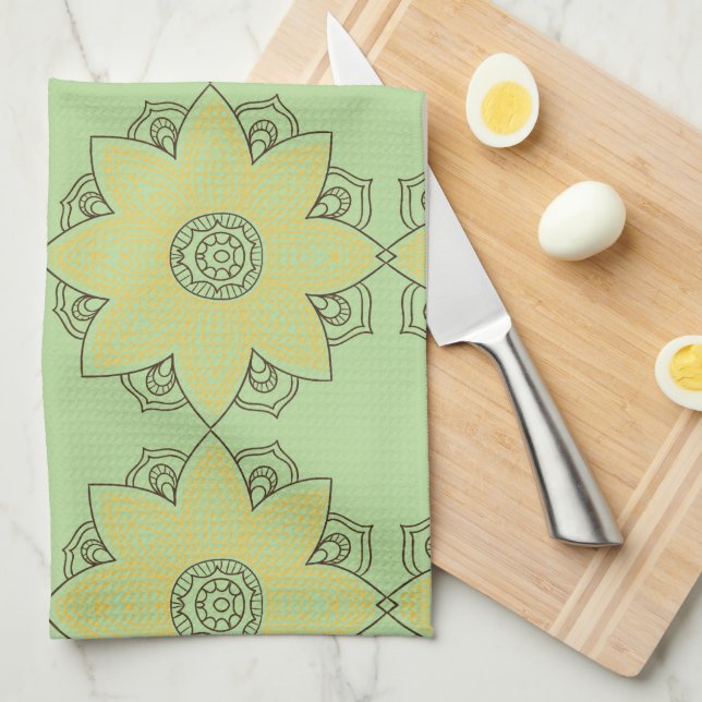 Paño De Cocina Flor Mandala Verde y Amarillo (Doblado Cuarto)