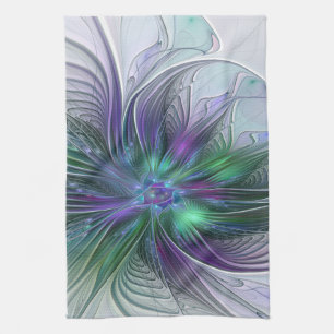 Paño De Cocina Flor moderna abstracta fractal verde púrpura
