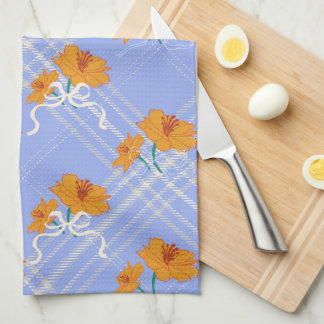 Paño De Cocina Flor Naranja suave sin foco en azul plaid