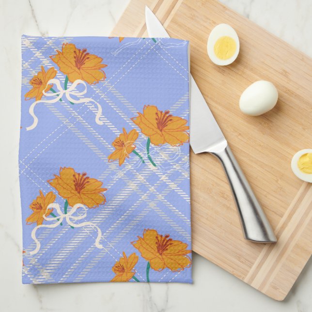 Paño De Cocina Flor Naranja suave sin foco en azul plaid (Doblado Cuarto)