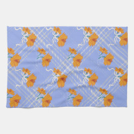 Paño De Cocina Flor Naranja suave sin foco en azul plaid