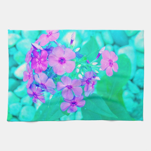 Paño De Cocina Flor Phlox de jardín rosado en Aquamarine (Horizontal)