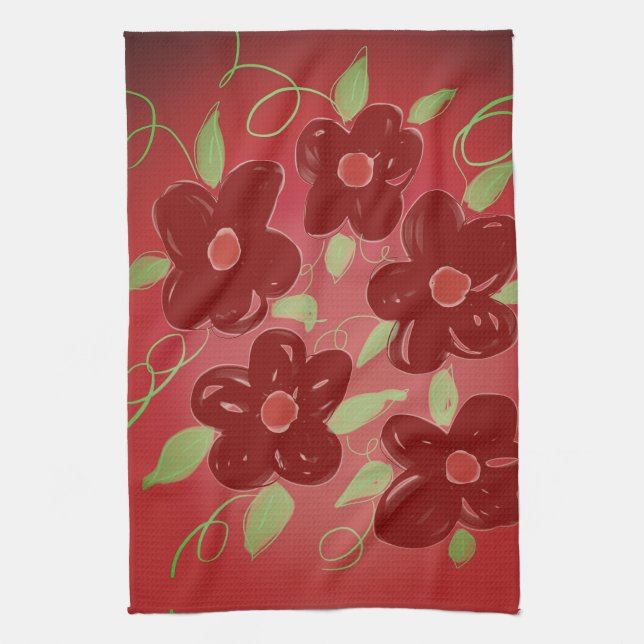 Paño De Cocina Flor roja de grano oscuro (Vertical)