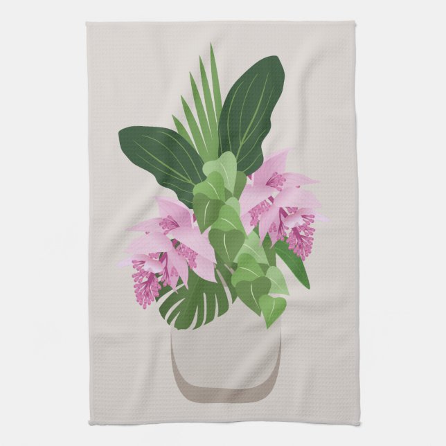 Paño De Cocina Flor rosa de Medinilla Tropical en Base Beige (Vertical)