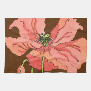 Paño De Cocina Flor rosa grande con fondo rojo profundo