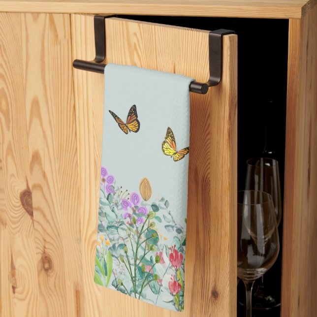 Paño De Cocina Flor silvestre y mariposas floral (Pliegue de tercios)