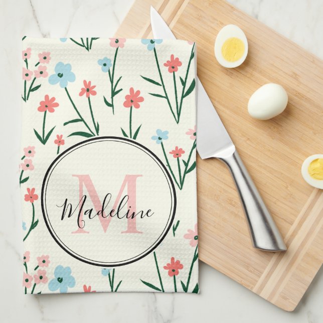 Paño De Cocina Flor suave marfil blanco elegante Monograma rosa (Doblado Cuarto)