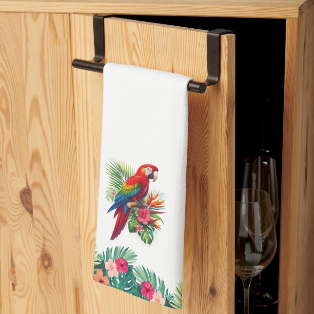 Paño De Cocina Flor tropical de macao rojo (Pliegue de tercios)