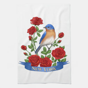 Paño De Cocina Flor y pájaro del estado de Nueva York - Rosa Azul