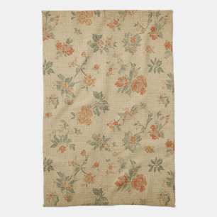 Paño De Cocina Floral a la Antigua Naranja Quemada y Verde Salvia