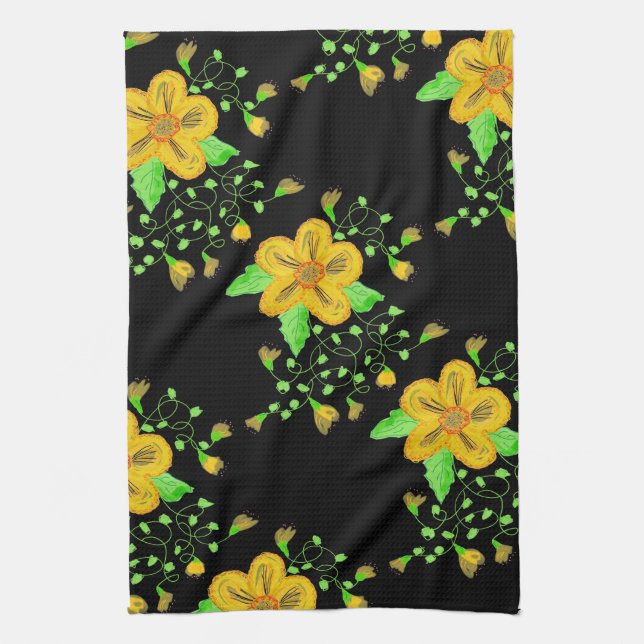 Paño De Cocina Floral amarilla artificial con negro (Vertical)