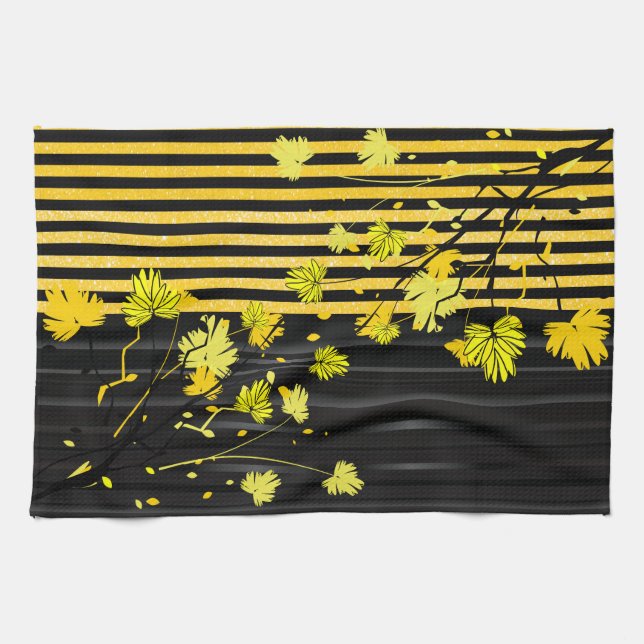 Paño De Cocina Floral amarillo y negro del art déco (Horizontal)