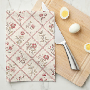 Paño De Cocina Floral Antiguo Rosa con Patrón de Enrejado