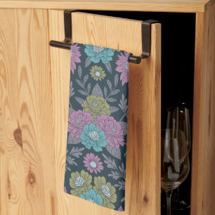 Paño De Cocina Floral azul oscuro, verde y púrpura