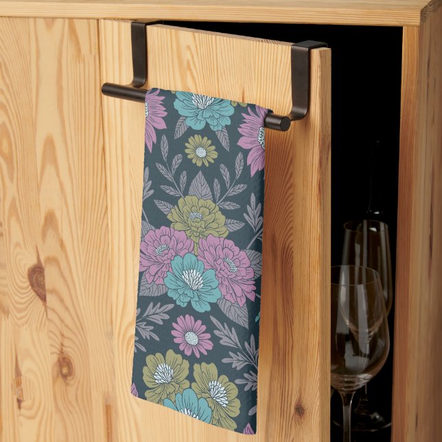 Paño De Cocina Floral azul oscuro, verde y púrpura (Pliegue de tercios)