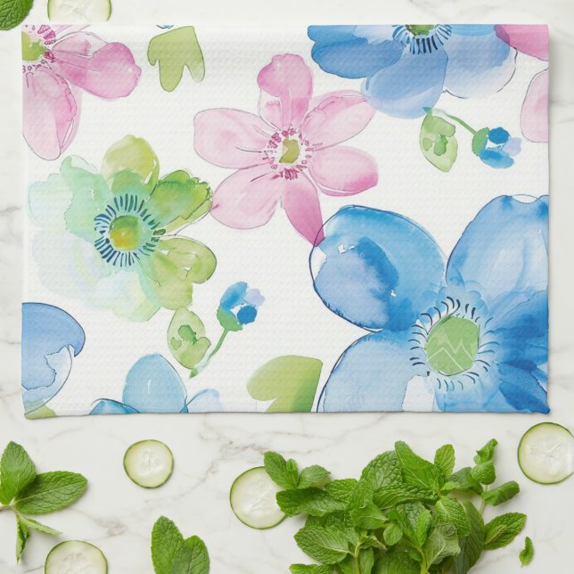 Paño De Cocina Floral azul verde rosa de moda (Doblado)