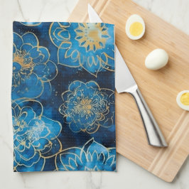 Paño De Cocina Floral azul y dorado elegante - Botánica elegante