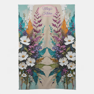 Paño De Cocina Floral colorida sobre el beige azul Verde azulado